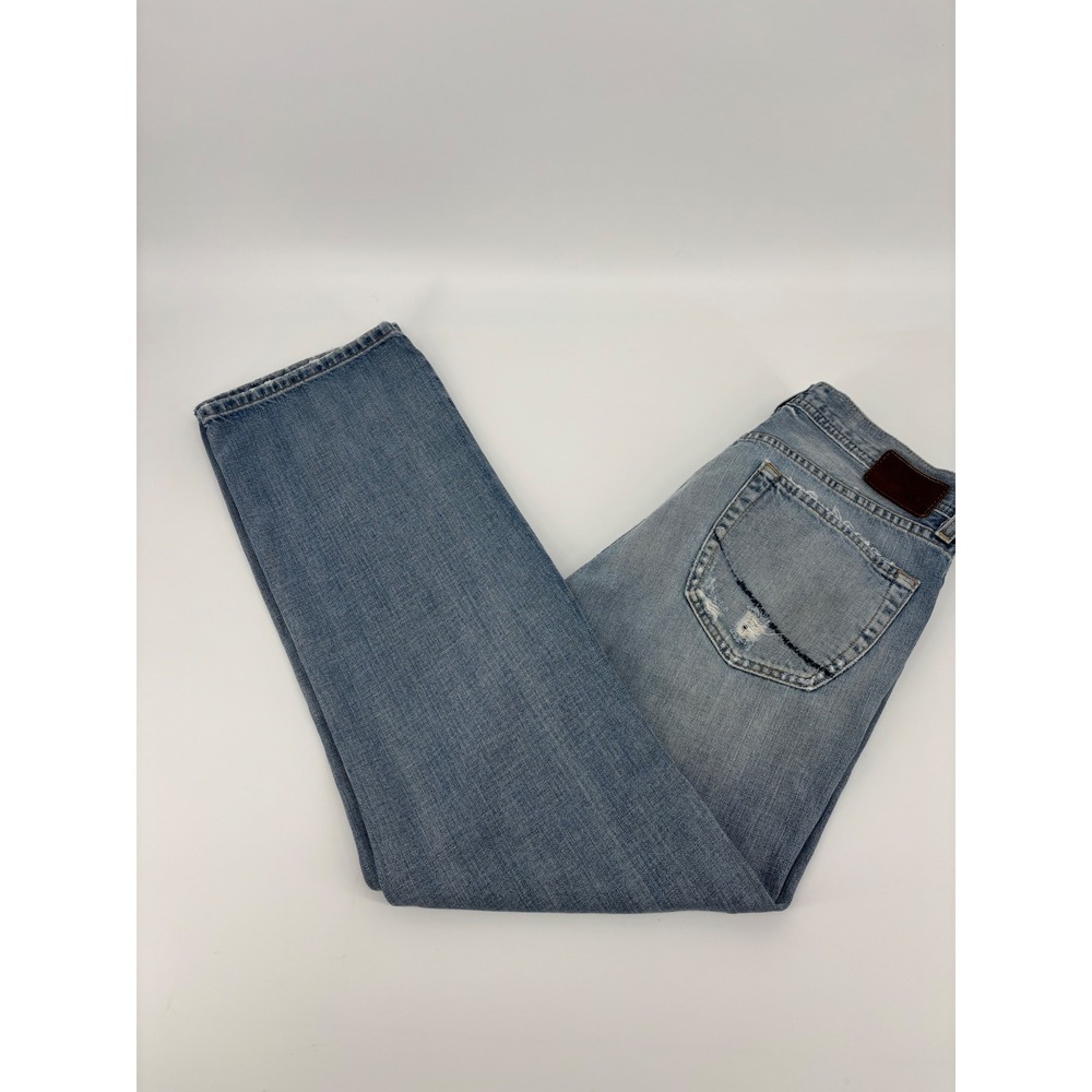 BKE Tyler Straight Leg Jeans Mens 34 Light Wash Distressed Denim Blue 32 Inseam